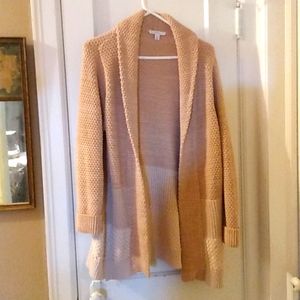 Long open front camel-colored cardigan